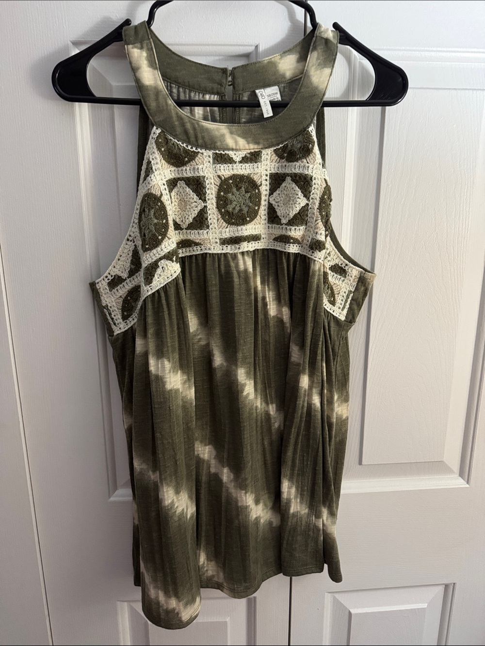 Cato Olive Tie-Dye Crochet Yoke Halter Tank